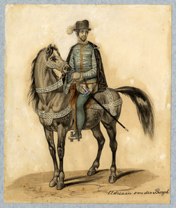 32645 Afbeelding van een kostuumontwerp van Adriaan van der Burgh te paard, figurant in de maskerade van de studenten ...